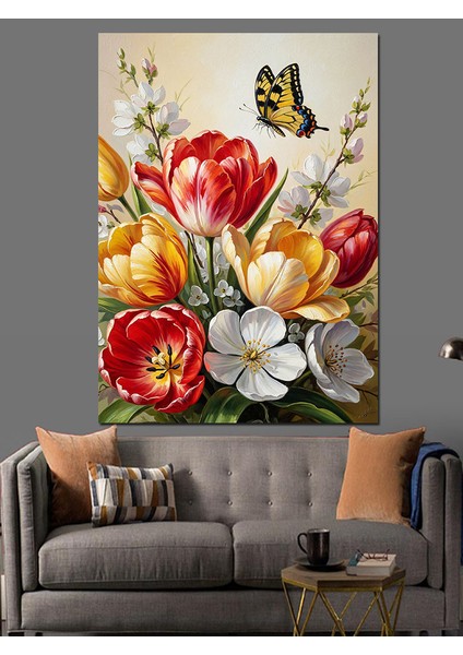 Lale Kelebek Bahar Çiçekleri Dekoratif Kanvas - Mdf Ahşap Tablo indirimleri