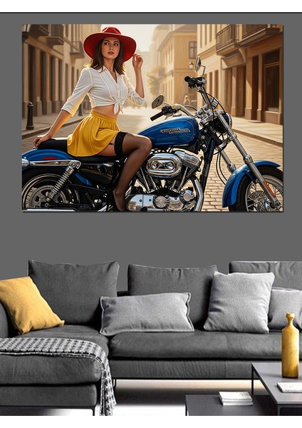 Motosiklette Seksi Retro Kadın Dekoratif Kanvas - Mdf Ahşap Tablo