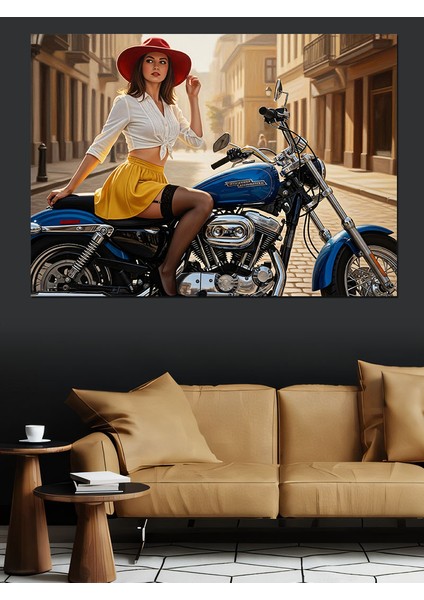 Motosiklette Seksi Retro Kadın Dekoratif Kanvas - Mdf Ahşap Tablo fiyatları