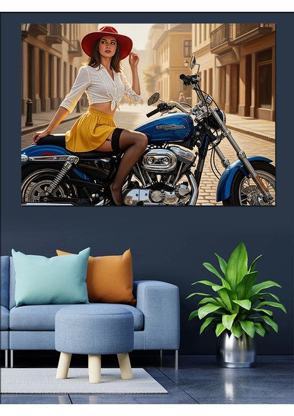 Motosiklette Seksi Retro Kadın Dekoratif Kanvas - Mdf Ahşap Tablo modelleri