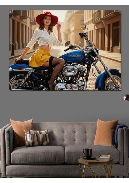 Motosiklette Seksi Retro Kadın Dekoratif Kanvas - Mdf Ahşap Tablo fırsatları