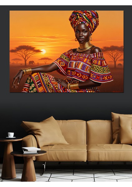 Afrika Manzarasında Etnik Kıyafetli Kadın Dekoratif Kanvas - Mdf Ahşap Tablo