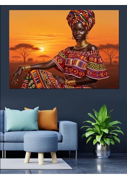 Afrika Manzarasında Etnik Kıyafetli Kadın Dekoratif Kanvas - Mdf Ahşap Tablo fiyatları