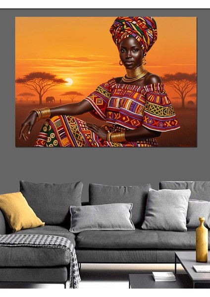 Afrika Manzarasında Etnik Kıyafetli Kadın Dekoratif Kanvas - Mdf Ahşap Tablo indirimleri