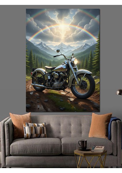 Kırmızı Motosiklet Gün Batımı Dekoratif Kanvas - Mdf Ahşap Tablo
