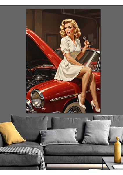 Kırmızı Araba Üzerinde Pin-Up Dekoratif Kanvas - Mdf Ahşap Tablo