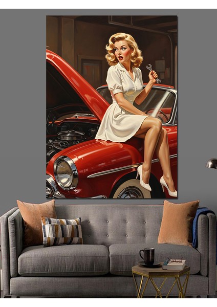 Kırmızı Araba Üzerinde Pin-Up Dekoratif Kanvas - Mdf Ahşap Tablo fiyatları
