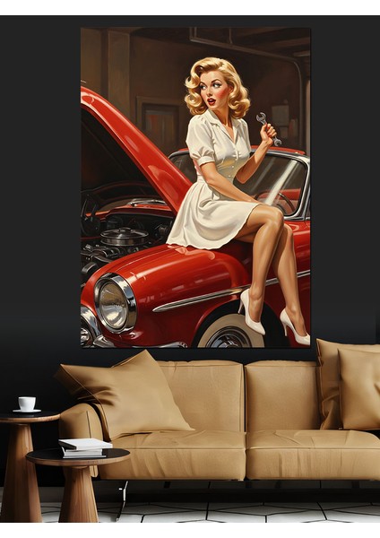 Kırmızı Araba Üzerinde Pin-Up Dekoratif Kanvas - Mdf Ahşap Tablo fırsatları