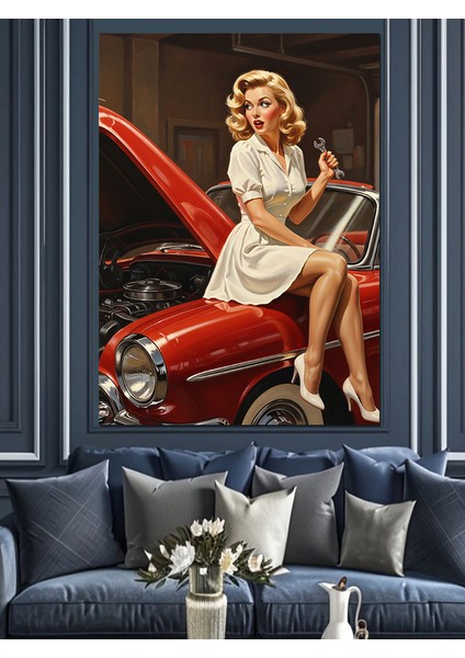 Kırmızı Araba Üzerinde Pin-Up Dekoratif Kanvas - Mdf Ahşap Tablo indirimleri
