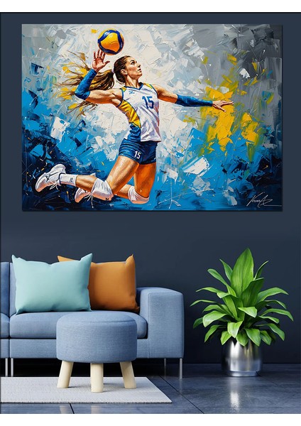 Voleybol Oynayan Renkli Sporcu Kadın Dekoratif Kanvas - Mdf Ahşap Tablo fiyatları