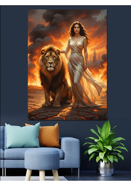 Aslan Kadın Gece Manzarası Dekoratif Kanvas - Mdf Ahşap Tablo