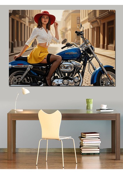Motosiklette Seksi Retro Kadın Dekoratif Kanvas - Mdf Ahşap Tablo indirimleri