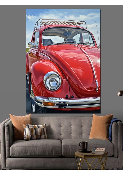 Kırmızı Volkswagen Klasik Araba Dekoratif Kanvas - Mdf Ahşap Tablo