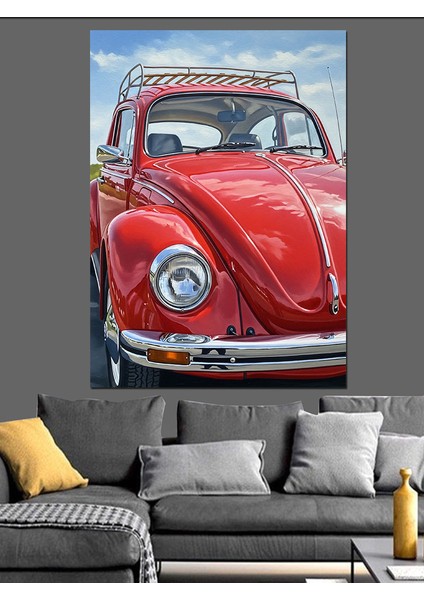 Kırmızı Volkswagen Klasik Araba Dekoratif Kanvas - Mdf Ahşap Tablo fiyatları