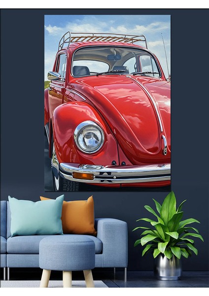 Kırmızı Volkswagen Klasik Araba Dekoratif Kanvas - Mdf Ahşap Tablo indirimleri