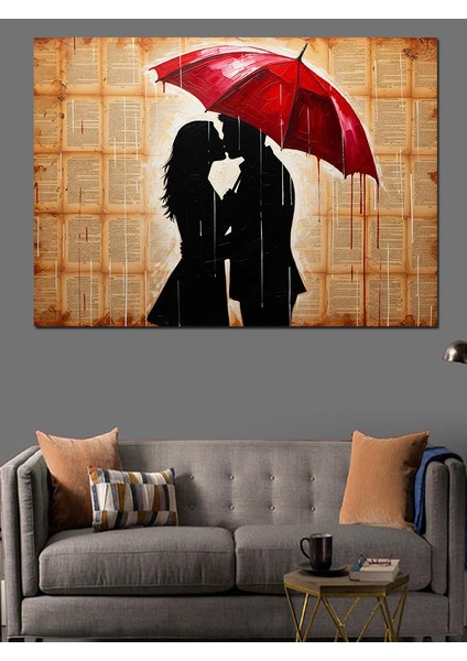 Kırmızı Şemsiyeli Aşık Çift Silüeti Vintage Dekoratif Kanvas - Mdf Ahşap Tablo