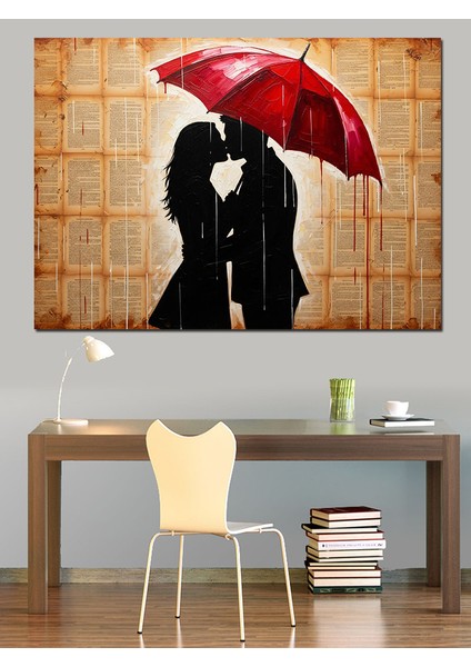 Kırmızı Şemsiyeli Aşık Çift Silüeti Vintage Dekoratif Kanvas - Mdf Ahşap Tablo fiyatları