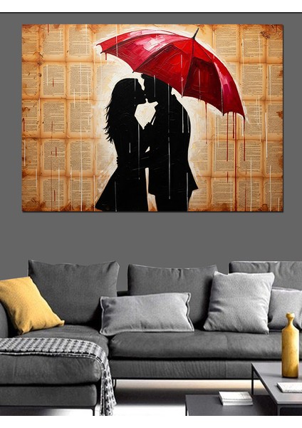 Kırmızı Şemsiyeli Aşık Çift Silüeti Vintage Dekoratif Kanvas - Mdf Ahşap Tablo modelleri