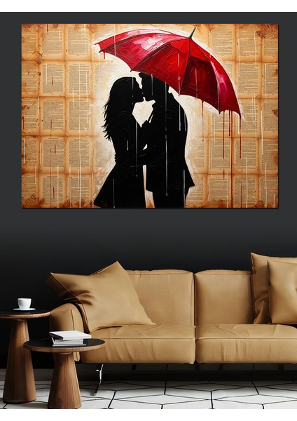Kırmızı Şemsiyeli Aşık Çift Silüeti Vintage Dekoratif Kanvas - Mdf Ahşap Tablo fırsatları
