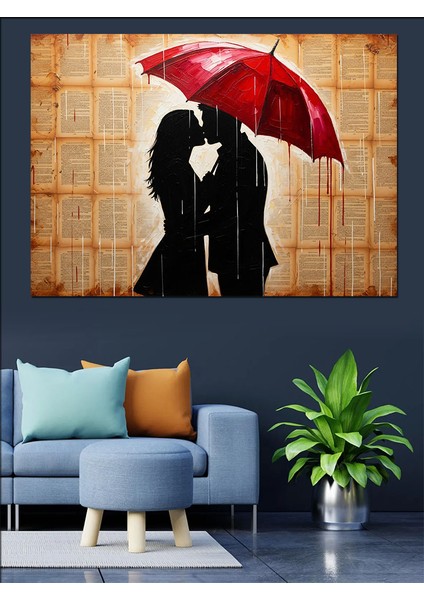 Kırmızı Şemsiyeli Aşık Çift Silüeti Vintage Dekoratif Kanvas - Mdf Ahşap Tablo indirimleri