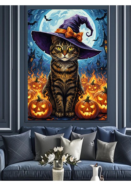 Cadı Şapkalı Kedi Cadılar Dekoratif Kanvas - Mdf Ahşap Tablo