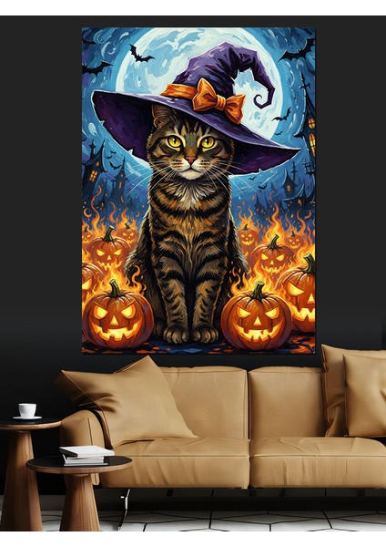 Cadı Şapkalı Kedi Cadılar Dekoratif Kanvas - Mdf Ahşap Tablo fiyatları
