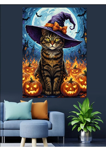 Cadı Şapkalı Kedi Cadılar Dekoratif Kanvas - Mdf Ahşap Tablo modelleri