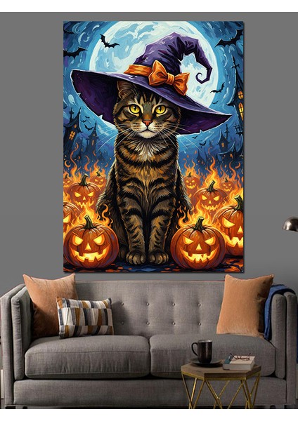 Cadı Şapkalı Kedi Cadılar Dekoratif Kanvas - Mdf Ahşap Tablo fırsatları