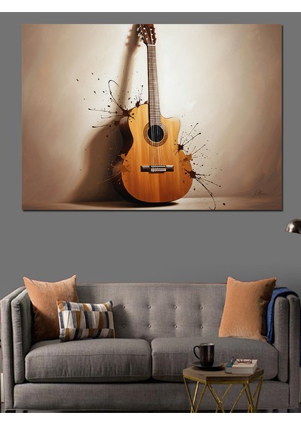 Duvara Dayalı Klasik Gitar Müzik Enstrümanı Görseli Dekoratif Kanvas - Mdf Ahşap Tablo