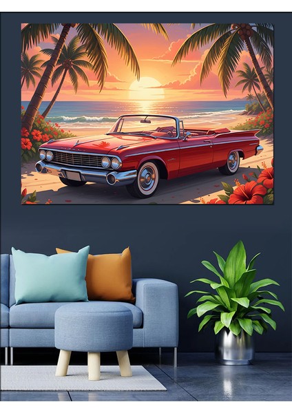 Sahilde Klasik Kırmızı Araba Seyahati Dekoratif Kanvas - Mdf Ahşap Tablo