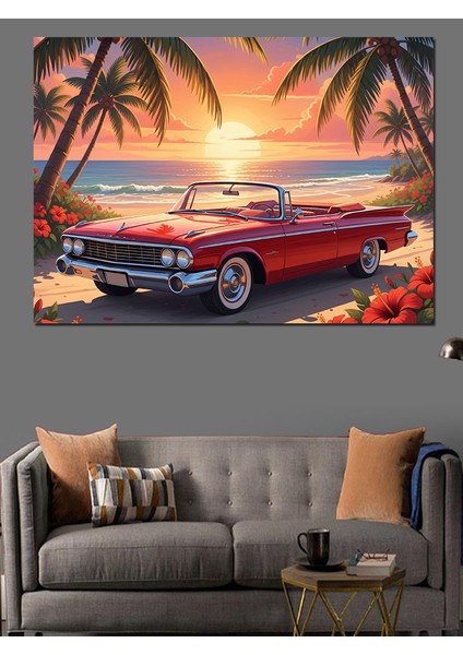 Sahilde Klasik Kırmızı Araba Seyahati Dekoratif Kanvas - Mdf Ahşap Tablo fiyatları