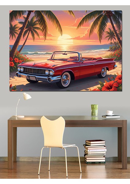 Sahilde Klasik Kırmızı Araba Seyahati Dekoratif Kanvas - Mdf Ahşap Tablo modelleri