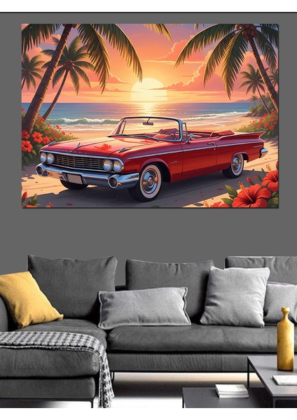 Sahilde Klasik Kırmızı Araba Seyahati Dekoratif Kanvas - Mdf Ahşap Tablo fırsatları