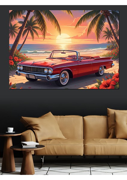 Sahilde Klasik Kırmızı Araba Seyahati Dekoratif Kanvas - Mdf Ahşap Tablo indirimleri