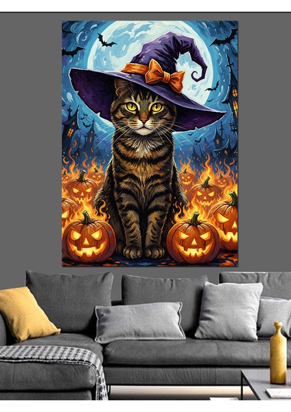 Cadı Şapkalı Kedi Cadılar Dekoratif Kanvas - Mdf Ahşap Tablo indirimleri