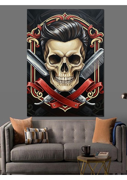 Çapraz Ustra ve Tarak Kafatası Dekoratif Kanvas - Mdf Ahşap Tablo