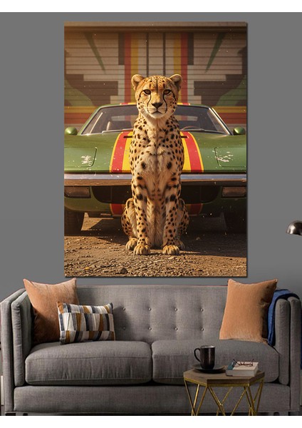 Klasik Araba Önünde Leopar Dekoratif Kanvas - Mdf Ahşap Tablo