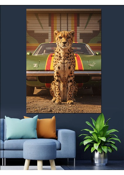Klasik Araba Önünde Leopar Dekoratif Kanvas - Mdf Ahşap Tablo fiyatları