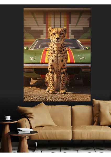 Klasik Araba Önünde Leopar Dekoratif Kanvas - Mdf Ahşap Tablo modelleri