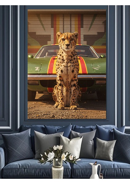 Klasik Araba Önünde Leopar Dekoratif Kanvas - Mdf Ahşap Tablo fırsatları