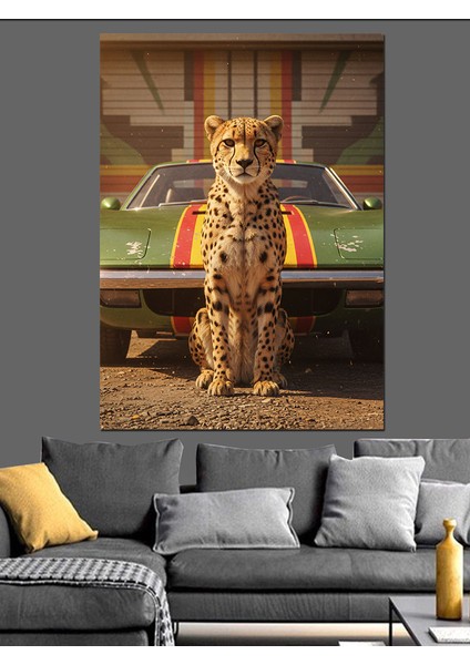 Klasik Araba Önünde Leopar Dekoratif Kanvas - Mdf Ahşap Tablo indirimleri