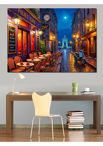Avrupa Sokağında Akşam Işıklar Yağmur Dekoratif Kanvas - Mdf Ahşap Tablo