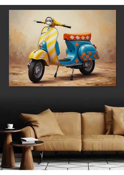 Sarı Mavi Klasik Scooter Motosiklet Dekoratif Kanvas - Mdf Ahşap Tablo