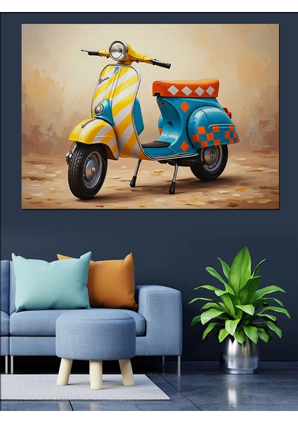 Sarı Mavi Klasik Scooter Motosiklet Dekoratif Kanvas - Mdf Ahşap Tablo fiyatları