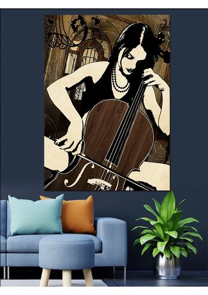 Siyah Beyaz Viyolansel Figürü Dekoratif Kanvas - Mdf Ahşap Tablo