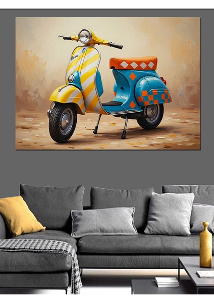Sarı Mavi Klasik Scooter Motosiklet Dekoratif Kanvas - Mdf Ahşap Tablo indirimleri