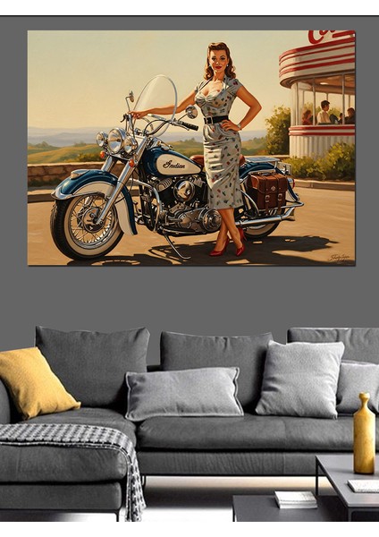 Motosiklet Yanında Pin-Up Kadın Dekoratif Kanvas - Mdf Ahşap Tablo
