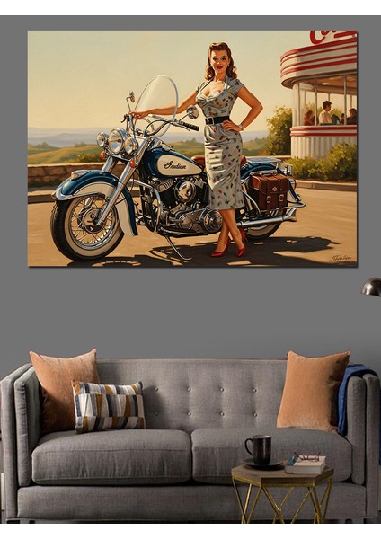 Motosiklet Yanında Pin-Up Kadın Dekoratif Kanvas - Mdf Ahşap Tablo fırsatları