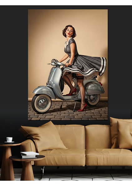 Scooter Üzerinde Şık Kadın Dekoratif Kanvas - Mdf Ahşap Tablo fiyatları