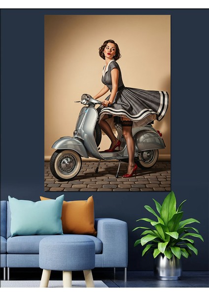 Scooter Üzerinde Şık Kadın Dekoratif Kanvas - Mdf Ahşap Tablo modelleri